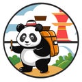 Panda bear tourist with a backpack and a bamboo stick. Vector illustration in cartoon style AI generated