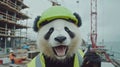 A panda bear wearing a hard hat and green vest, AI