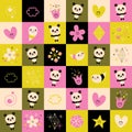 Panda bears hearts flowers nature pattern