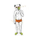 Panda with a beautiful male body in swimming trunks and shoes. A guy takes pictures of himself on a smartphone in the mirror. Vect