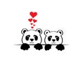 Two panda cartoon character behind the wall in love with red hearts, vector