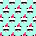 Panda with birthday cap seamless pattern on mint green background. Royalty Free Stock Photo