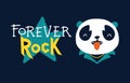 Panda card. Forever Rock. Vector cartoon character. Illustration on a dark background for children in the style of funny