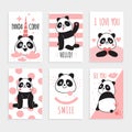 Panda cards. Cute chinese bears, happy panda with magic accessories, birthday party invitations. Colorful print cartoon