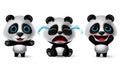 Panda characters vector set. Pandas animal character in cute, crying, blissful, happy, standing and sitting pose and expressions.
