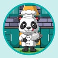 The panda chef holding the metal silver platter and using the white costume