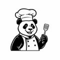 Panda Chef Mascot with Spatula - Black and White Vector Illustration Royalty Free Stock Photo