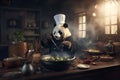 Panda chef\'s in uniform cook a food at restaurant\'s kitchen.