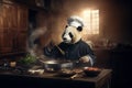 Panda chef\'s in uniform cook a food at restaurant\'s kitchen.