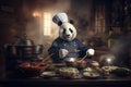 Panda chef\'s in uniform cook a food at restaurant\'s kitchen.