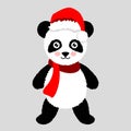 Panda Christmas hat and scarf. Vector illustration for greeting card, poster, or print on clothes. Christmas and New Year.
