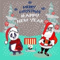 Panda Christmas hat and scarf. Vector illustration for greeting card, poster, or print on clothes. Christmas and New