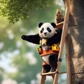 a panda is climbing up the ladder by its owner and looking for something to eat