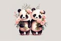 panda couple in love with flowers, postcard for 14th february.