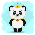 Panda in the crown and pendant in the form of a surf, in the style of the cartoon stands.