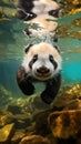 Panda cubs swim underwater in a clear river