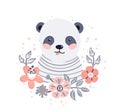 Panda cute animal baby face with flowers and leaves elements vector illustration. Hand drawn style nursery character Royalty Free Stock Photo