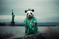 panda dressed as statue of liberty. War China and USA