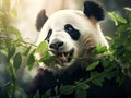 Panda eating bamboo. Wildlife scene from China nature. of Giant Panda feeding bamboo tree in forest. habitat