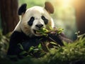 Panda eating bamboo. Wildlife scene from China nature. of Giant Panda feeding bamboo tree in forest. habitat