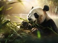 Panda eating bamboo. Wildlife scene from China nature. of Giant Panda feeding bamboo tree in forest. habitat