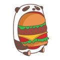 Panda eating huge burger.