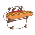 Panda eating huge hot dog.