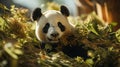 Panda eating leaves in evergreen forest. Generative AI Royalty Free Stock Photo