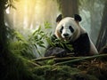 Panda eating Wildlife scene from of Giant Panda feeding bamboo tree in habitat