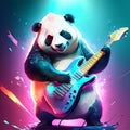 Panda with electric guitar on colorful background. 3d illustration. AI generated Royalty Free Stock Photo