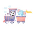 Panda and elephant ride a train. Vector illustration on a white background.