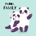 Panda family with adult mother and father with child bear banner vector illustration. Cute mom holding little kid and