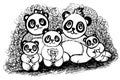 Panda family, five pandas coloring page