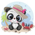 Panda Girl in a hat and cute crab on the beach