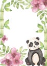 Panda with green bamboo and pink flowers frame, panda surrounded by bamboo branches and flower, hand drawn composition, Watercolor Royalty Free Stock Photo
