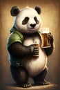 Panda in green jacket holding 2 glasses of bear illustration in cartoon style. Generative AI