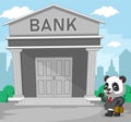 The panda with the grey suite holding a bag of money in front of the bank