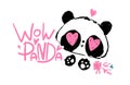 Panda heart eyes on a floral background with phrases - Wow Panda. Childish print for t-shirts and textiles