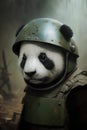 Panda in a helmet of the Soviet soldier. Portrait.