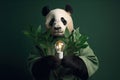 a panda holding a green plant and a bulb as a concept of green energy