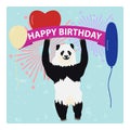 Panda holds a congratulatory ribbon with balloons against the background of fireworks.