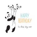 Funny Panda in a hot air balloon in comic style. Typographic slogan happy birthday. Vector illustration of congratulations. Design