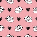 Panda hug baby seamless pattern repeat. illustration cute bear parent take care baby . with love black heart and pink background Royalty Free Stock Photo