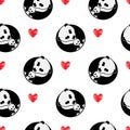 Panda hug baby seamless pattern repeat. illustration cute bear parent takes care baby . with love red heart and white background Royalty Free Stock Photo