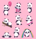 Panda kids. Little funny bear sweet animals in action poses vector cartoon characters