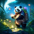 A panda with a lantern and a basket of flowers in the forest AI Generated Royalty Free Stock Photo