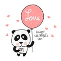 Panda with love balloon Happy Valentine`s Day cartoon illustration doodle style Royalty Free Stock Photo