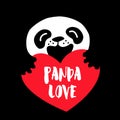 Panda Love. Cartoon bear and big red heart on black background. Royalty Free Stock Photo