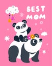 Panda mom and child. Animal Asian character, Chinese cute bear, greeting card or print design. Baby mammal with mother