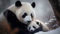Panda mother with her baby in the snow. Chengdu, China